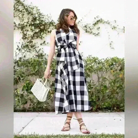 Ann Taylor Cotton Black White  Gingham Midi Dress‎ Plaid Sleeveless size MPetite - Picture 2 of 13